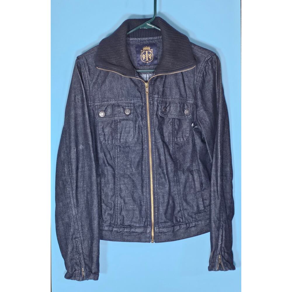 ​T by Talbots Dark Wash Denim Jacket M Medium Knit Ribbed Collar Zip Front Moto